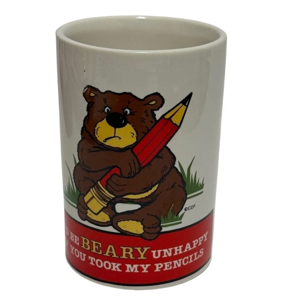 Vintage CDF Beary Unhappy Bear Ceramic Pencil Cup Holder Desk Organizer Taiwan